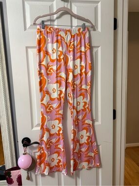 SHEIN pink, orange, and white groovy flowy pants